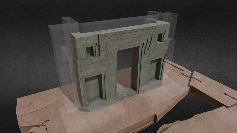 The mirrored gateway effect on a section of the temple.